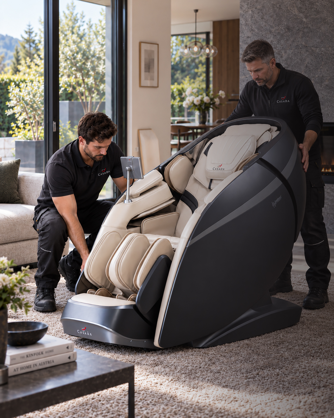 Casada Mitarbeiter stellen einen Massagesessel beim persönlichen Liefer- und Aufbauservice in einem österreichischen Zuhause auf